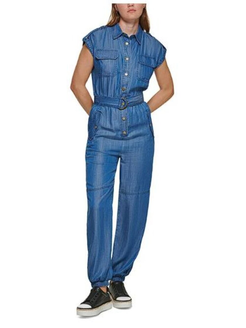 KARL LAGERFELD PARIS Women's Belted Utility Jumpsuit Size 16 In Blue